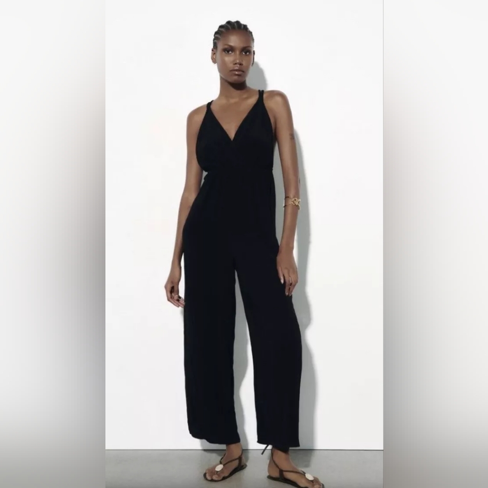 Zara Black Flowy Wide Leg Palazzo Jumper Size L